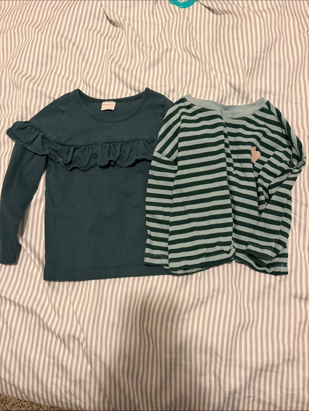 Hanna Andersson Teal Ruffle Long-Sleeve Top + Mint & Dark Teal Striped Tee Set